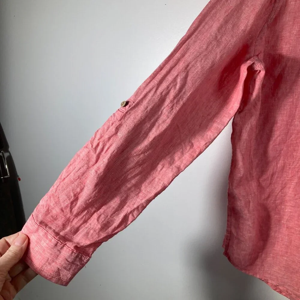 Womens Sigrid Olsen Linen V Neck Pullover 1/4 Button Tunic Peach L Roll Tab Slee - Picture 5 of 9